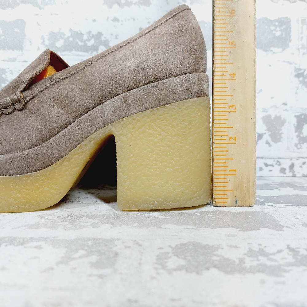 NEW Marc Fisher Taupe Tan Suede Lina Chunky Platform Heeled Loafers D1034 - Picture 2 of 11